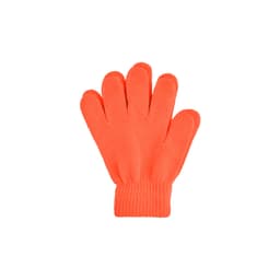 A pair of bright orange knitted gloves with a ribbed cuff, featuring a woven label.