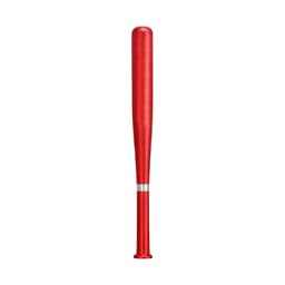 A red plastic pen shaped like a baseball bat, featuring a silver band near the base and a logo at the bottom.
