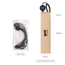 A black 3-in-1 charging cable in an opp bag, packaged in a kraft box. The cable features a circular connector.