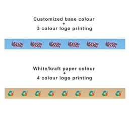 Two rolls of self-adhesive kraft paper tape in blue and kraft paper colour, featuring logos in multiple colours.