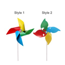 A colourful pinwheel featuring red, blue, yellow, and green blades, mounted on a white stick.