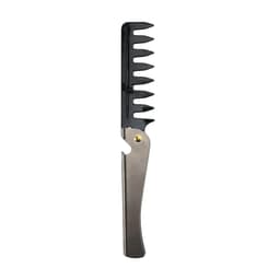 A folding comb in black and silver, featuring a sleek design with a branded logo.