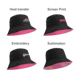 A black bucket hat with a pink underside and various promotional logos in different print styles.