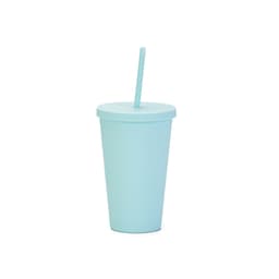 A mint green 16oz matte plastic cup with a lid and straw, featuring a simple design and a logo.