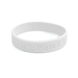 A white debossed wristband featuring a logo and embossed text on its surface.
