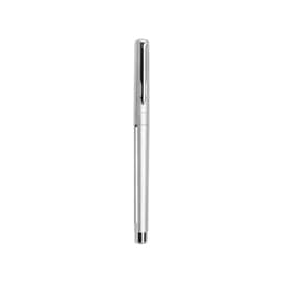 A silver pen with a shiny finish, featuring a clip and a slim design. It has a logo on the side.