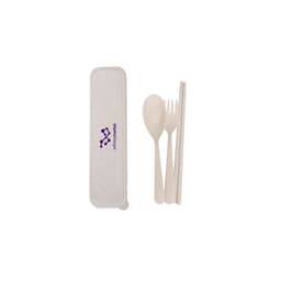 A portable utensil set in a light-coloured case, featuring a spoon, fork, and chopsticks, alongside a logo.
