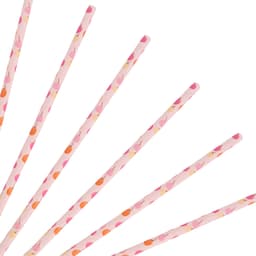 A collection of four-ply straight drinking paper straws in pink with a colourful pattern, featuring an unseen logo.