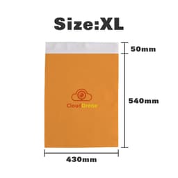 An extra large biodegradable mailer bag in orange with a white peel-and-seal flap and a logo.