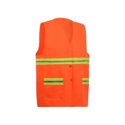 A high-visibility orange button-down safety vest with reflective yellow and grey stripes and front pockets.