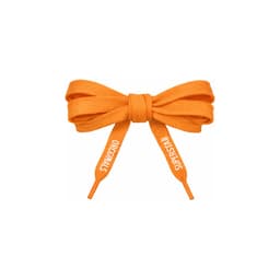 An orange pair of custom shoe laces arranged in a bow, featuring a logo on the ends.