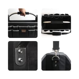 A black tool carrier bag with multiple pockets, a handle, and metal attachments, showcasing various angles and details.
