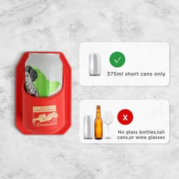 A drink bottle holder in bright red, designed to fit 375ml short cans, with a logo featured.