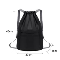 A black drawstring backpack with grey straps, featuring a front pocket, dimensions 43cm x 30cm x 14cm.