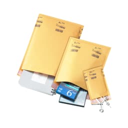 A collection of medium padded bubble envelopes in yellow, featuring various sizes and a logo on the packaging.