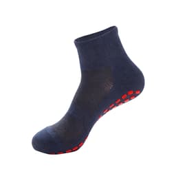 A pair of dark blue crew socks with a textured design and red non-slip grip on the sole.