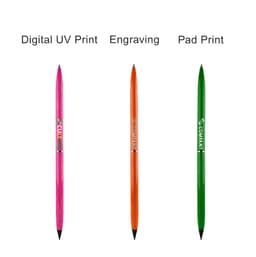 A promotional double-ended pencil and ballpoint pen in pink, orange, and green, featuring a logo.