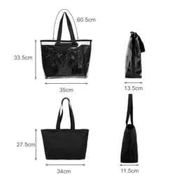 A black tote bag with detachable PVC cover, featuring black straps and varying dimensions displayed alongside.