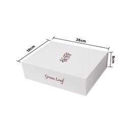 A white rectangular box with dimensions labelled, featuring a logo and text in red.
