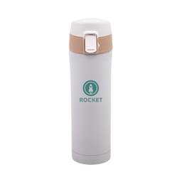 A drink bottle featuring a sleek white design with a brown flip top and a logo. Ideal for keeping beverages hot or cold.
