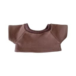 A brown plush doll t-shirt featuring a rounded neckline and short sleeves, with a ribbed trim.