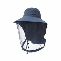 A navy mosquito mesh hat featuring a wide brim and a protective mesh netting at the front. It includes a branded logo.
