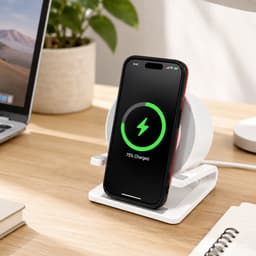 A wireless charger in white with a smartphone displaying a charging status, set on a desk with a plant in the background.