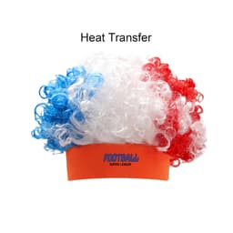 A vibrant afro headband wig featuring blue, white, and red curly hair with an orange band and branding.