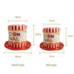 A custom digital printed top hat in red and white with colourful polka dots and decorative elements, available in adult and kid sizes.