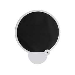 A 20cm foldable fan in black with a white trim and button detail, featuring a circular shape.