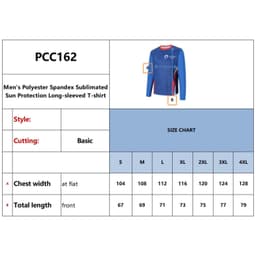 Men's long-sleeved T-shirt in blue, made of polyester spandex blend, featuring logo and sun protection design.