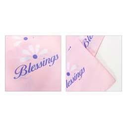 A chiffon long scarf in pink featuring a floral design and the word "Blessings" in purple. It has a subtle, soft texture.
