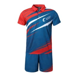A blue and red polo shirt with a pattern, featuring short sleeves and a collar, along with matching shorts and a logo.