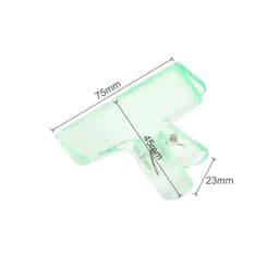 A translucent green plastic clip with measurements of 75mm by 45mm by 23mm, featuring a metallic fastener.