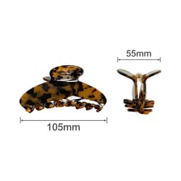 Acetate hair clips in a tortoiseshell design, measuring 105mm and 55mm. Features a logo on the clip.