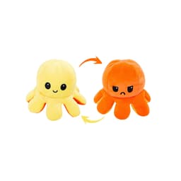 A reversible plush octopus toy features a happy yellow side and an angry orange side, showcasing vibrant colours.