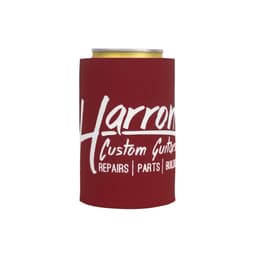 A drink bottle holder in maroon featuring white branding, designed to fit standard beverage cans.
