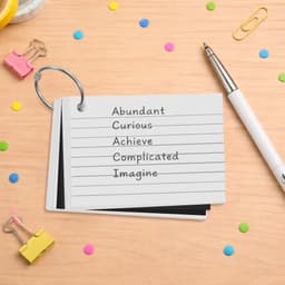 Pearlescent index cards in white, bound by a ring, alongside a pen and colourful paper clips on a wooden surface.