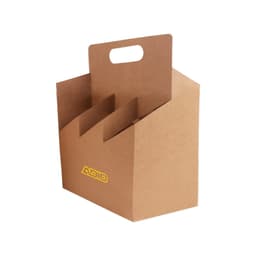 A brown portable wine box with sections for holding six bottles, featuring a handle and a logo.