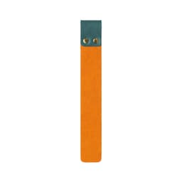 An orange and teal custom PU bookmark featuring a hole with brass grommets at the top.