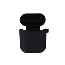 A black silicone case for AirPods, featuring a lid that opens at the top and includes a hook for attachment.