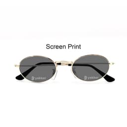 Oval retro sunglasses with a gold frame and dark lenses, featuring black temple arms and a logo.