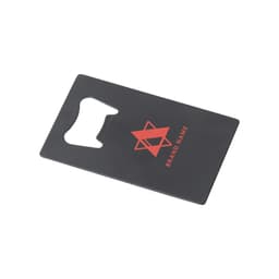 A black card-shaped bottle opener with a cut-out for opening bottles and a logo on one side.