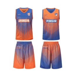 A set of unisex basketball shorts and jersey in orange and blue with a logo and a striped design.