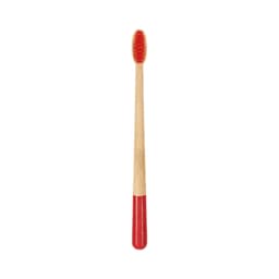 A large conical handle toothbrush with a red and natural bamboo design, featuring a colourful bristle head.