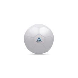 A white promotional soccer ball featuring a logo on one side. The ball has a classic pentagonal design.