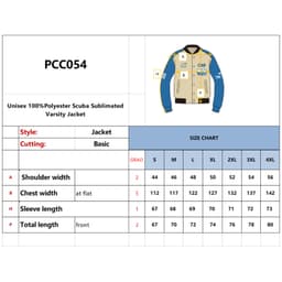A unisex varsity jacket featuring a beige and blue design, with a logo and size chart included.