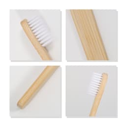 A large flat handle toothbrush with a bamboo handle and white bristles, displayed from multiple angles.