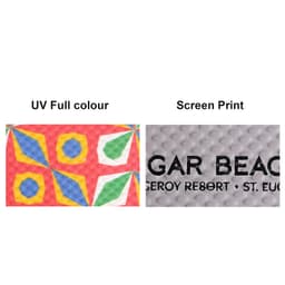 A textured surface featuring a vibrant, multicoloured UV full colour design alongside a simple grey screen print.