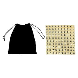 A black drawstring bag beside a collection of tan letter tiles featuring the alphabet in black lettering.